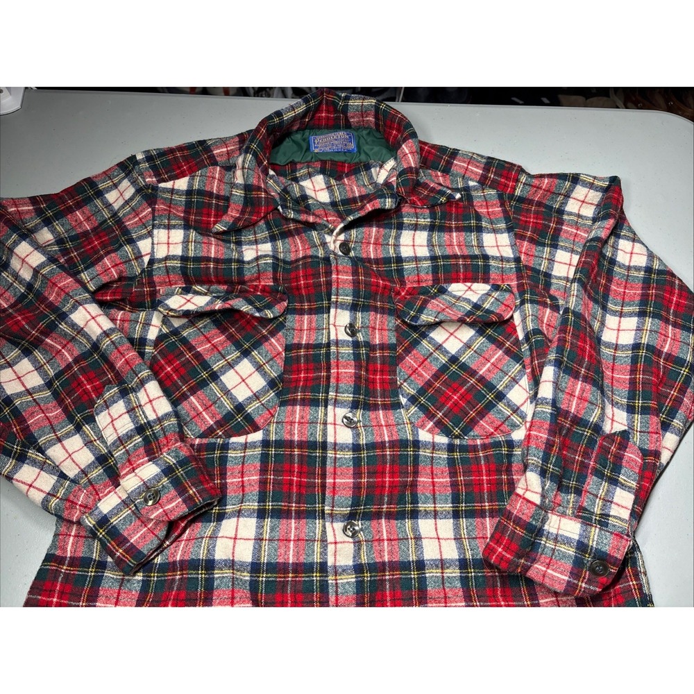 VTG 60s Pendleton 100% Wool Board Shirt Mens M Red Plaid Flannel Loop Collar USA